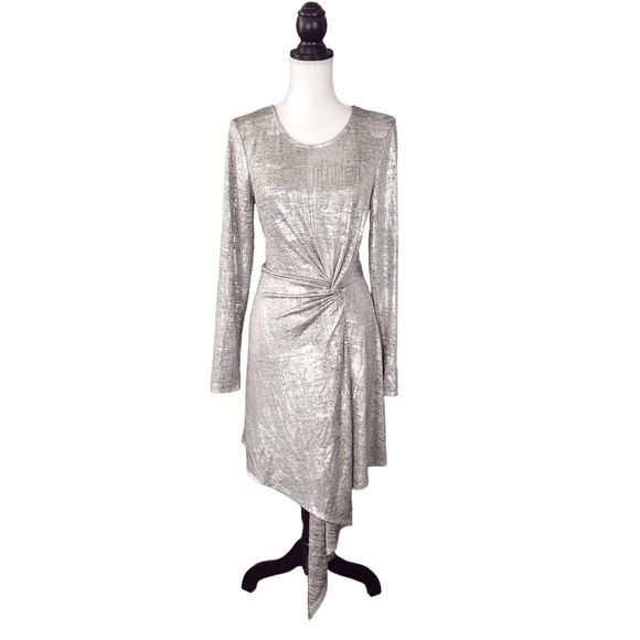 New York & Company Dresses & Skirts - Gabrielle Union NY&CO Silver Metallic Long Sleeve Draped Dress Size Medium